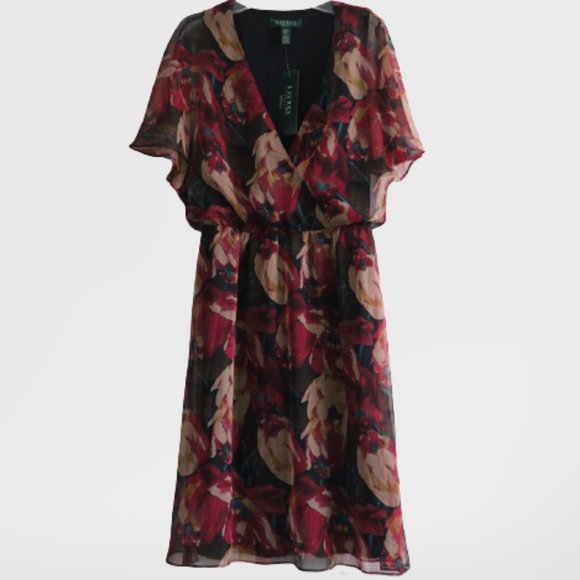 Ralph Lauren Dress Black Multi Floral V Neck 2 XS New - Picture 1 of 8